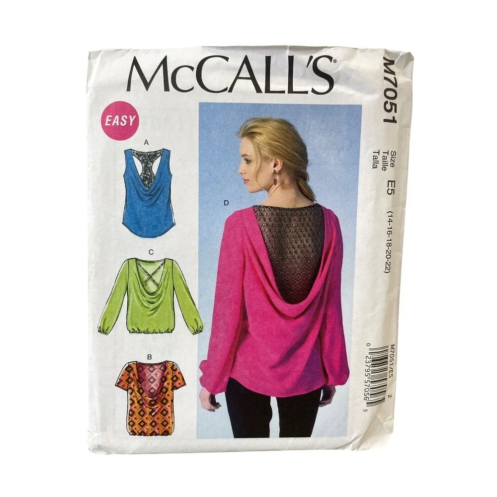 McCall's Sewing Pattern M7051 Misses Size E5 14-22 Cowl Neck Top